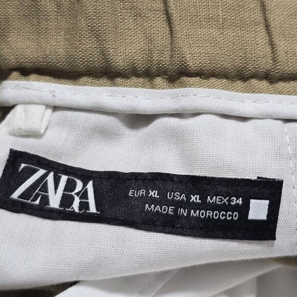 Zara Linen Cotton Blend Pants XL Tan Drawstring Straight Leg Trousers Pockets - Picture 9 of 11